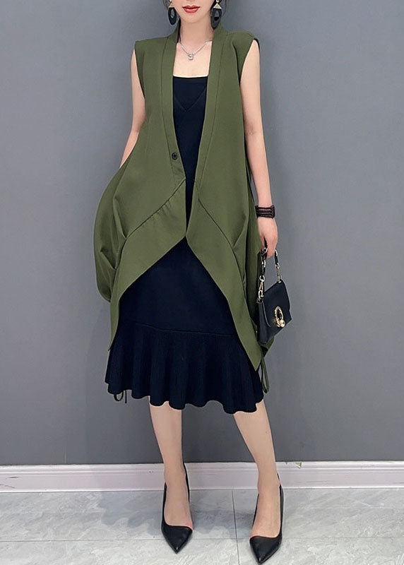 Green Pockets Cinched Patchwork Cotton Vest Sleeveless
