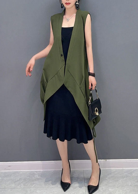 Green Pockets Cinched Patchwork Cotton Vest Sleeveless