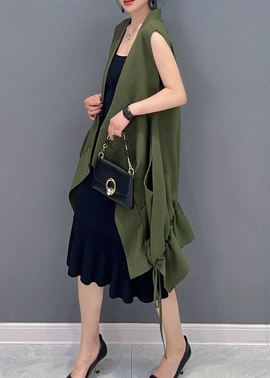 Green Pockets Cinched Patchwork Cotton Vest Sleeveless