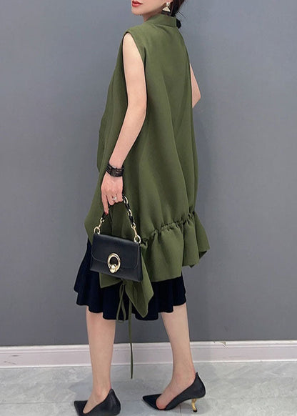 Green Pockets Cinched Patchwork Cotton Vest Sleeveless