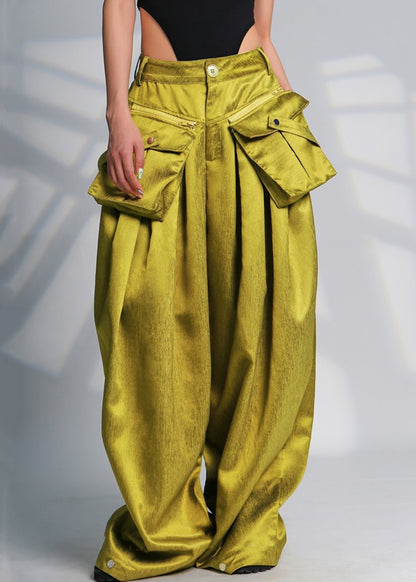 Green Pockets High Waist Cotton Wide Leg Pants Spring