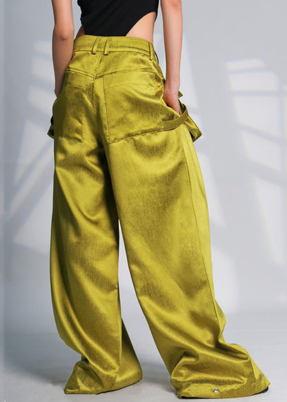 Green Pockets High Waist Cotton Wide Leg Pants Spring