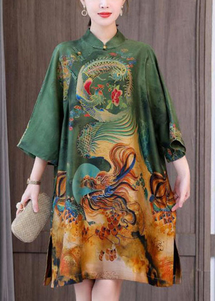 Green Print Chinese Style Silk a Line Dresses Spring