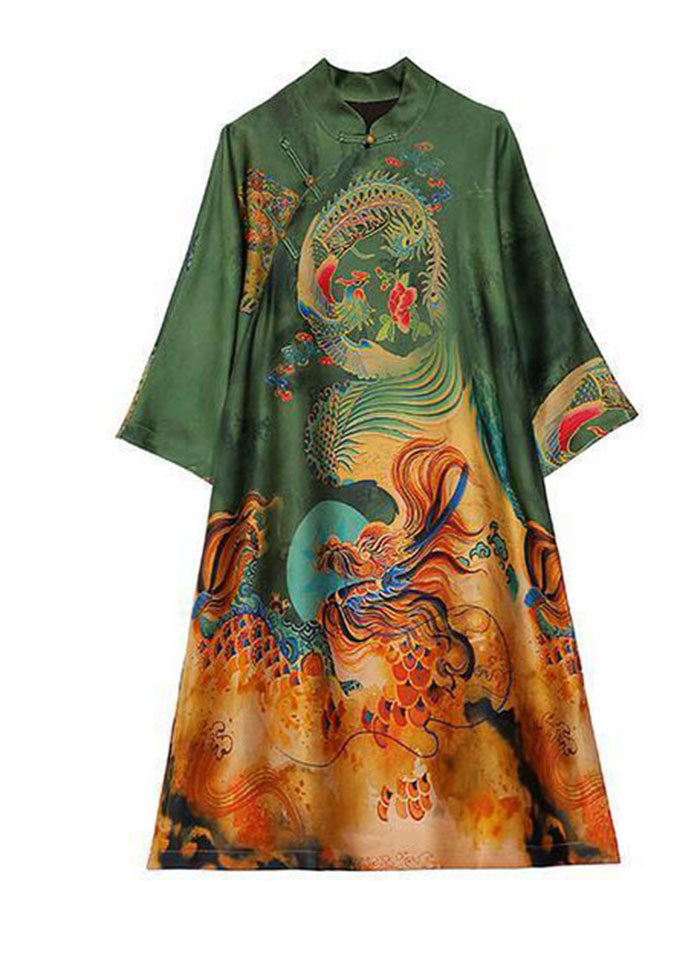 Green Print Chinese Style Silk a Line Dresses Spring