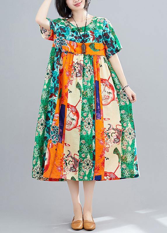Green Print Dresses O Neck Patchwork Maxi Spring Dress