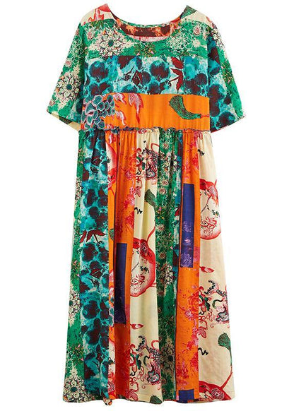 Green Print Dresses O Neck Patchwork Maxi Spring Dress