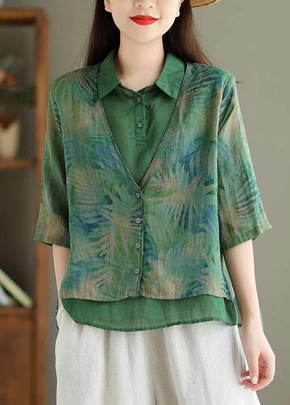 Green Print False Two Pieces Linen Shirt Half Sleeve