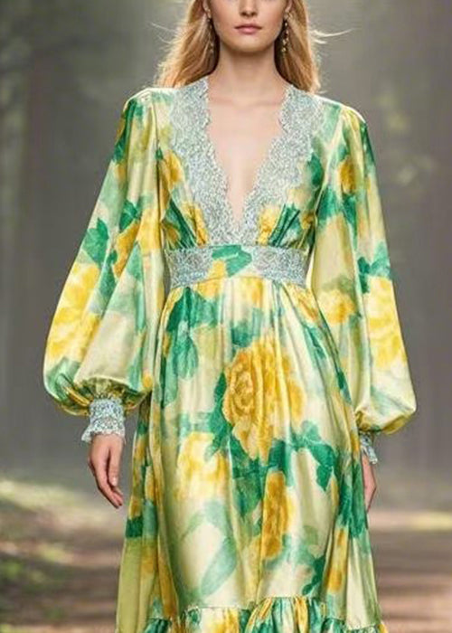 Green Print High Waist Silk Maxi Dress V Neck Spring