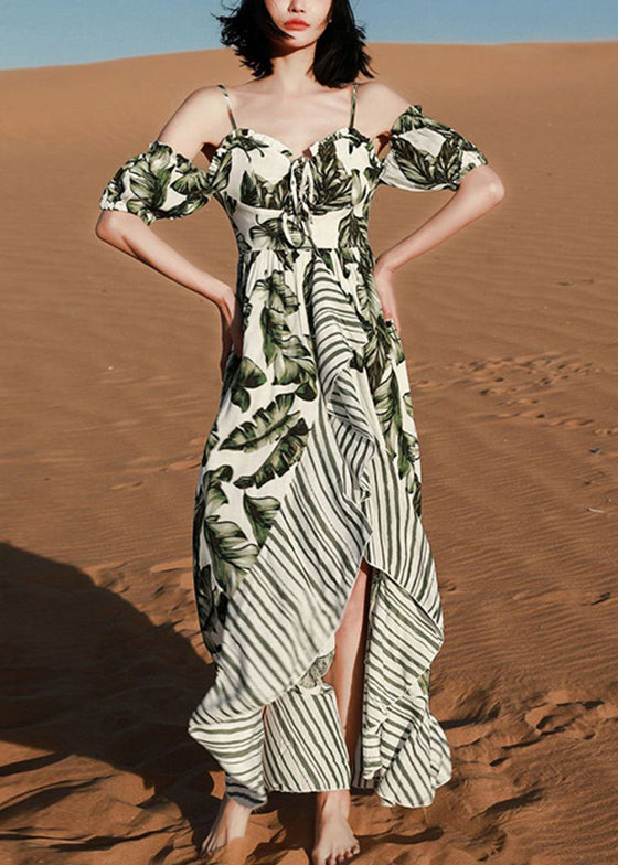 Green Print Lace Up Patchwork Cotton Spaghetti Strap Dress Summer