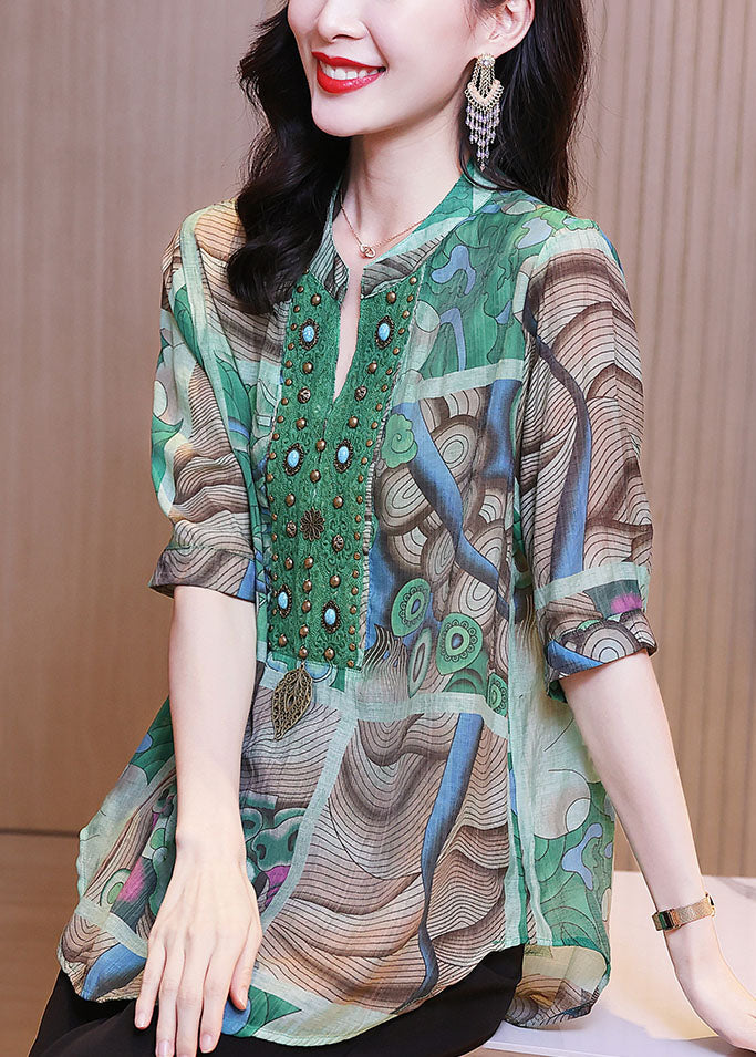 Green Print Nail Bead Patchwork Linen Shirts Bracelet Sleeve