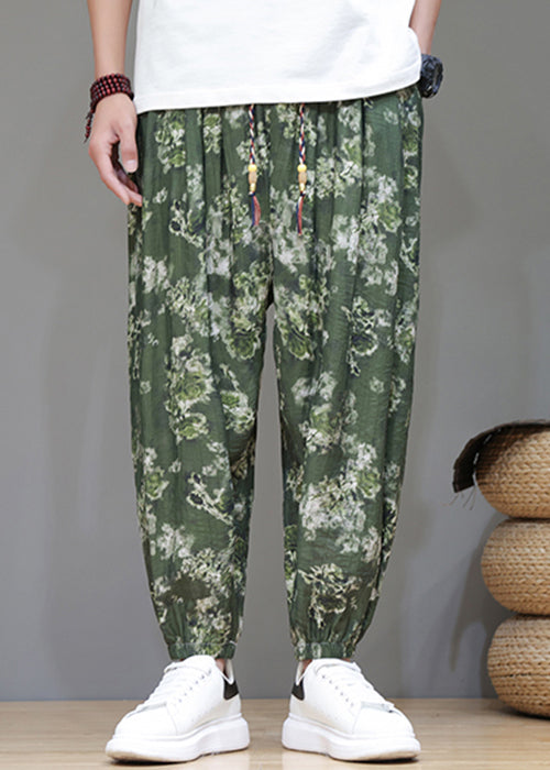 Green Print Pockets Ice Silk Crop Pants Summer