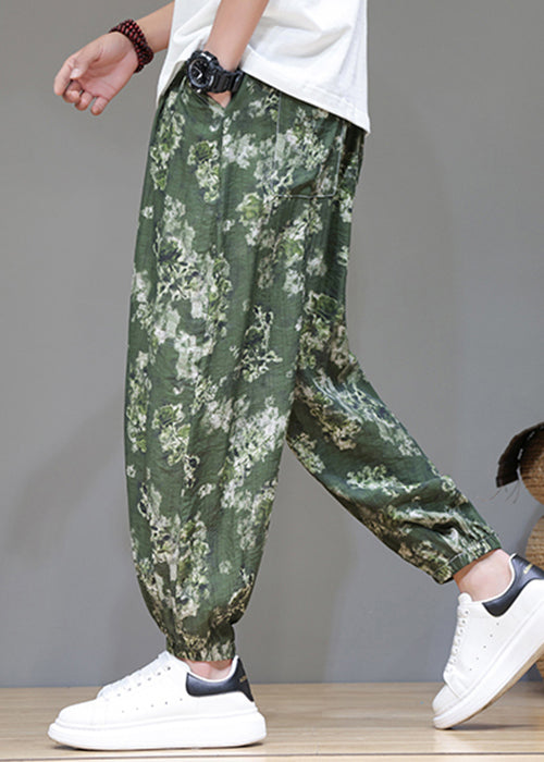 Green Print Pockets Ice Silk Crop Pants Summer