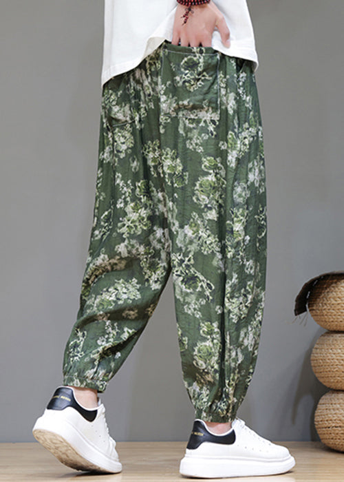 Green Print Pockets Ice Silk Crop Pants Summer