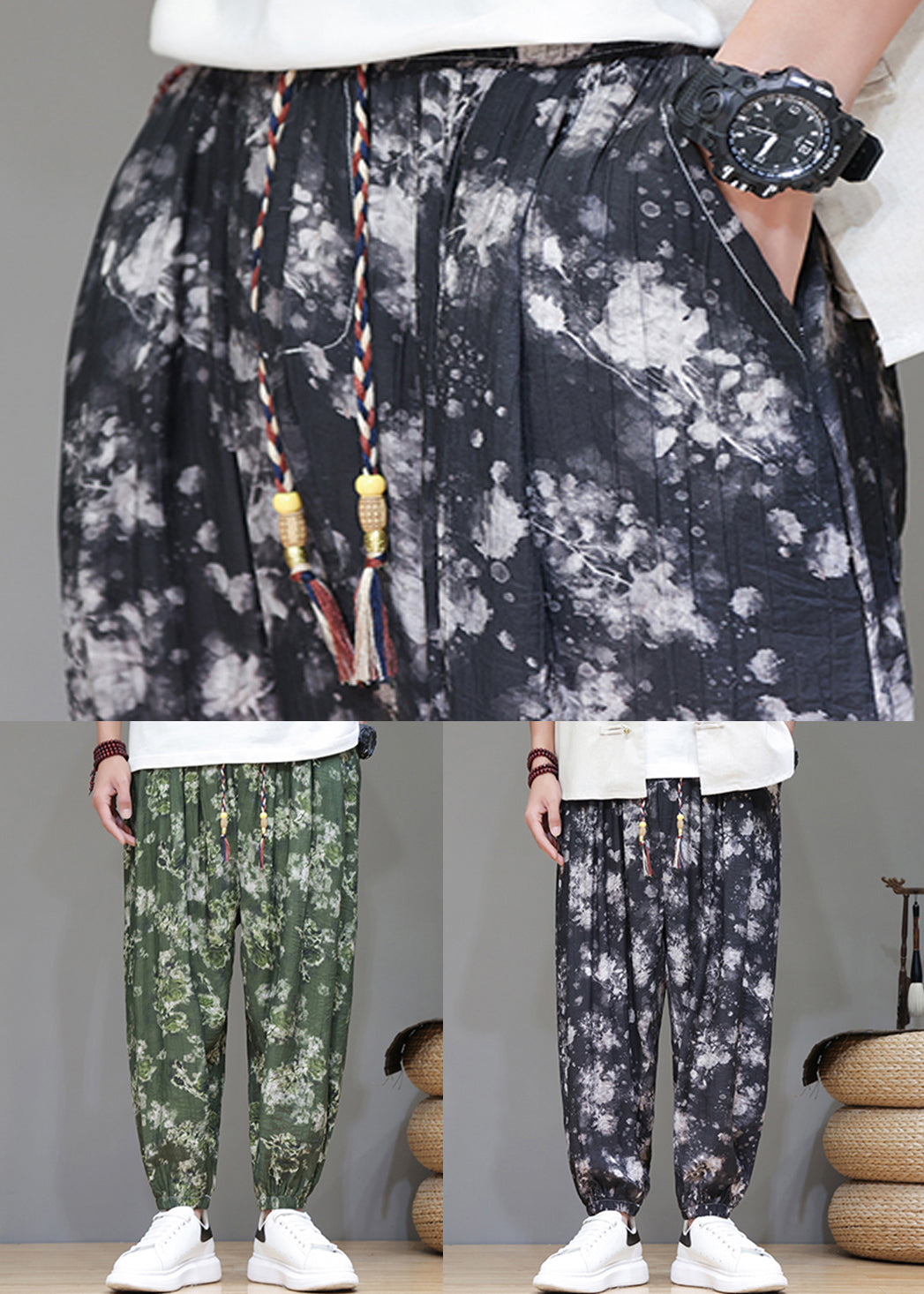 Green Print Pockets Ice Silk Crop Pants Summer