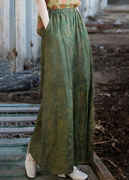 Green Print Pockets Linen Wide Leg Pants Summer