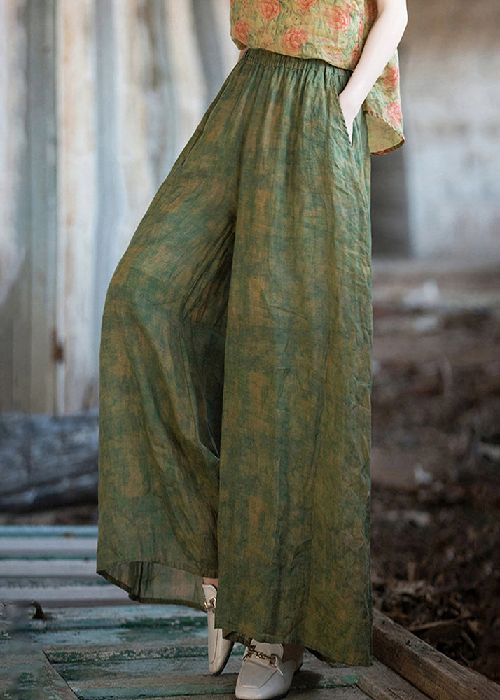 Green Print Pockets Linen Wide Leg Pants Summer