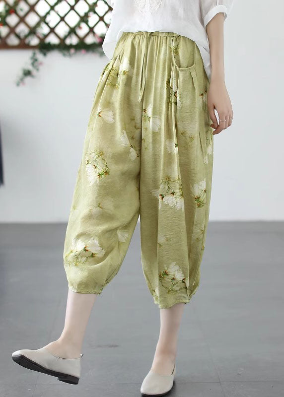Green Print Pockets Patchwork Linen Harem Pants Summer