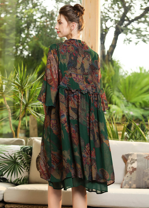 Green Print Ruffled Cross Strap Chiffon Dress Flare Sleeve