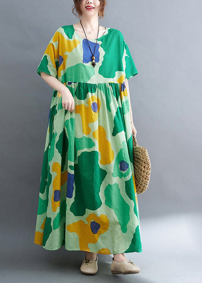 Green Print Wrinkled Party Maxi Dress Summer