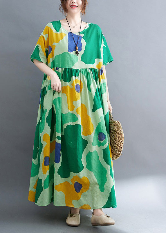 Green Print Wrinkled Party Maxi Dress Summer