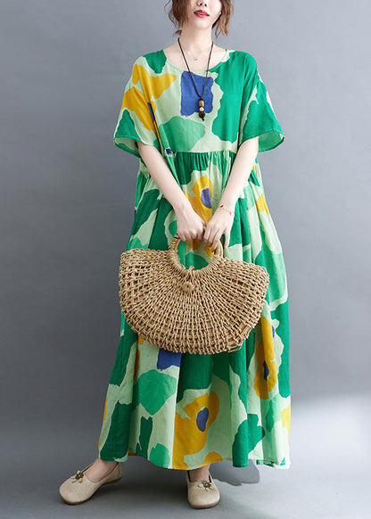 Green Print Wrinkled Party Maxi Dress Summer