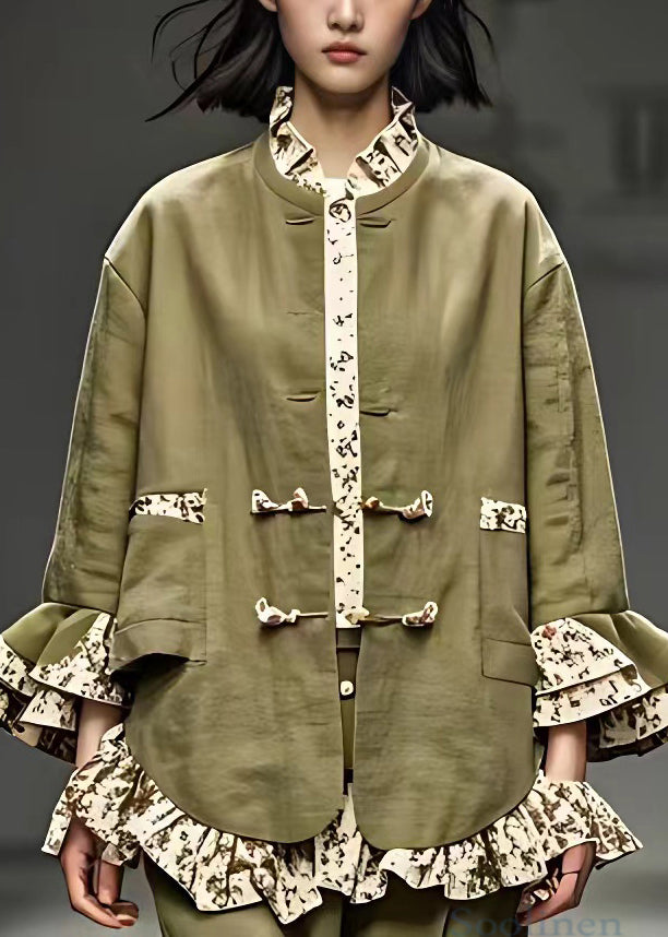 Green Ruffled Button Cotton Coats Butterfly Sleeve