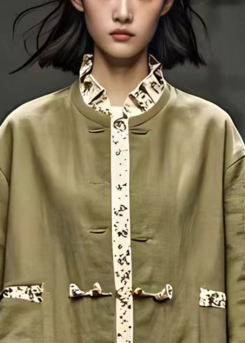 Green Ruffled Button Cotton Coats Butterfly Sleeve