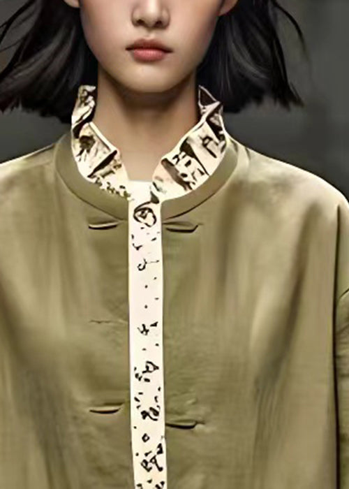 Green Ruffled Button Cotton Coats Butterfly Sleeve