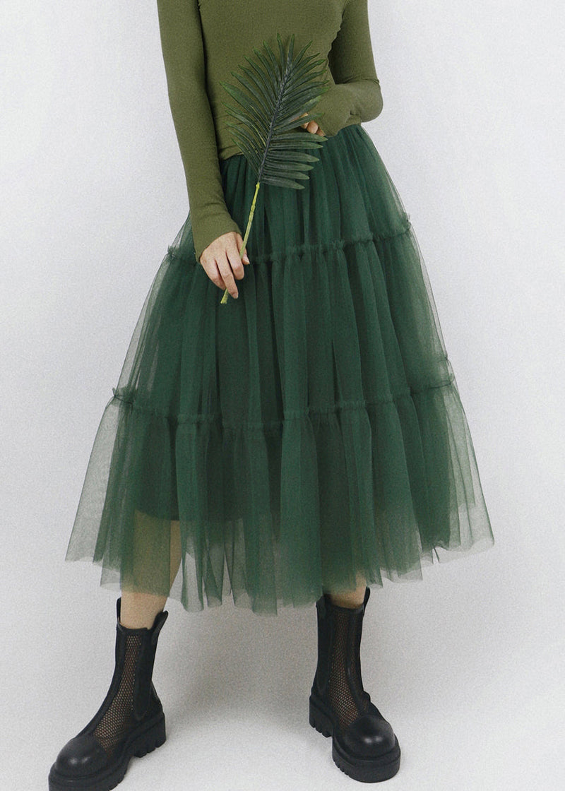 Green Ruffled Elastic Waist Tulle Skirt Summer