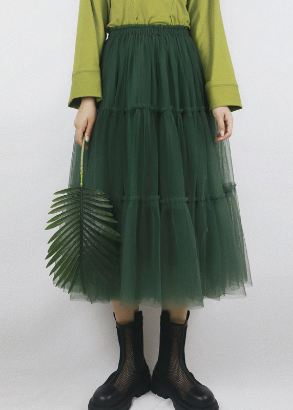 Green Ruffled Elastic Waist Tulle Skirt Summer