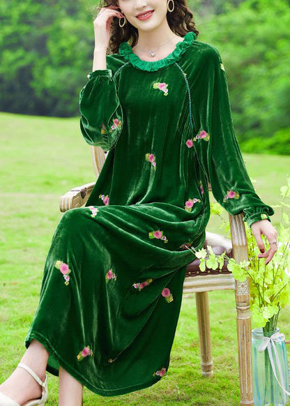 Green Ruffled Embroideried Silk Velour Maxi Dresses Spring