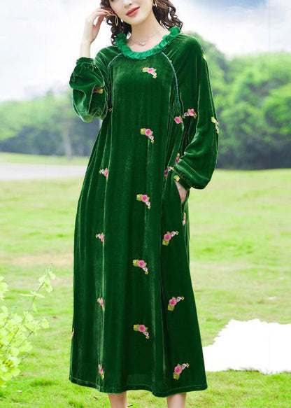 Green Ruffled Embroideried Silk Velour Maxi Dresses Spring