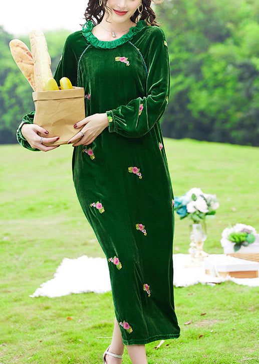 Green Ruffled Embroideried Silk Velour Maxi Dresses Spring