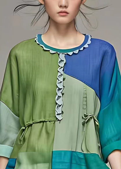 Green Ruffled Patchwork Cotton Shirts Bracelet Sleeve