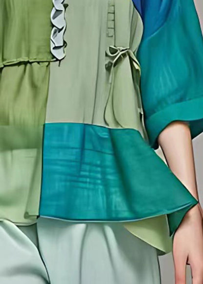 Green Ruffled Patchwork Cotton Shirts Bracelet Sleeve