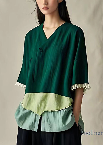 Green Ruffled Patchwork Cotton Shirts Half Sleeve