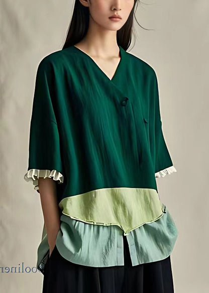 Green Ruffled Patchwork Cotton Shirts Half Sleeve
