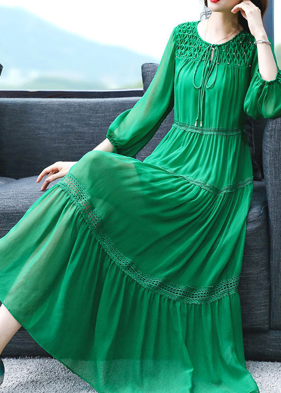 Green Ruffled Patchwork Hollow Out Silk Maxi Dress Bracelet Sleeve