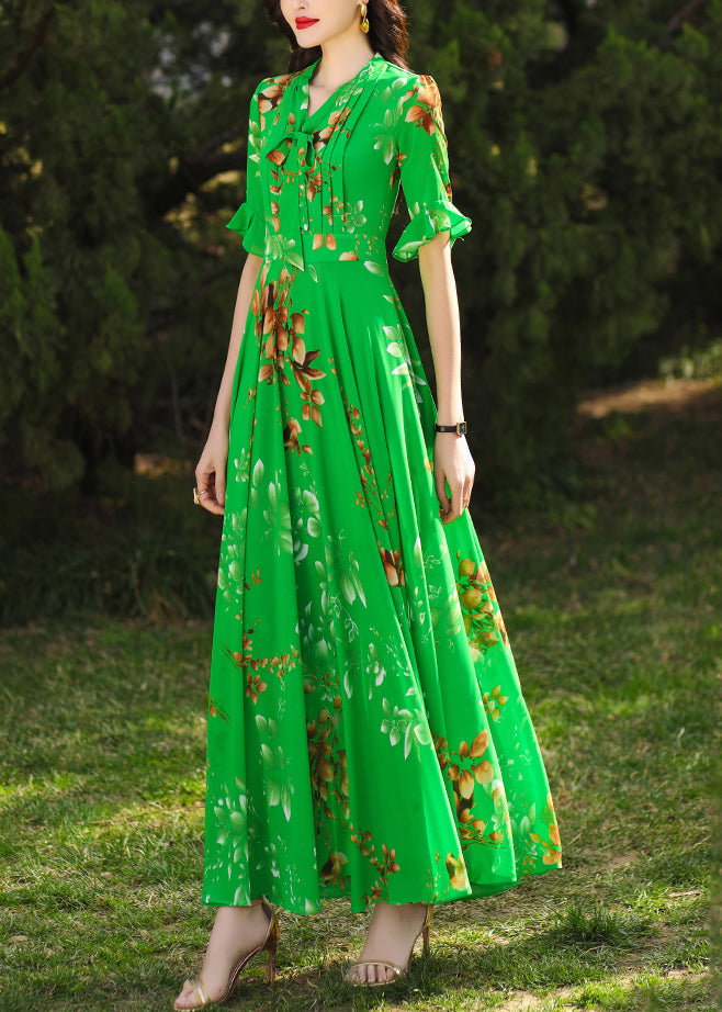 Green Ruffled Print Chiffon Maxi Dresses Summer