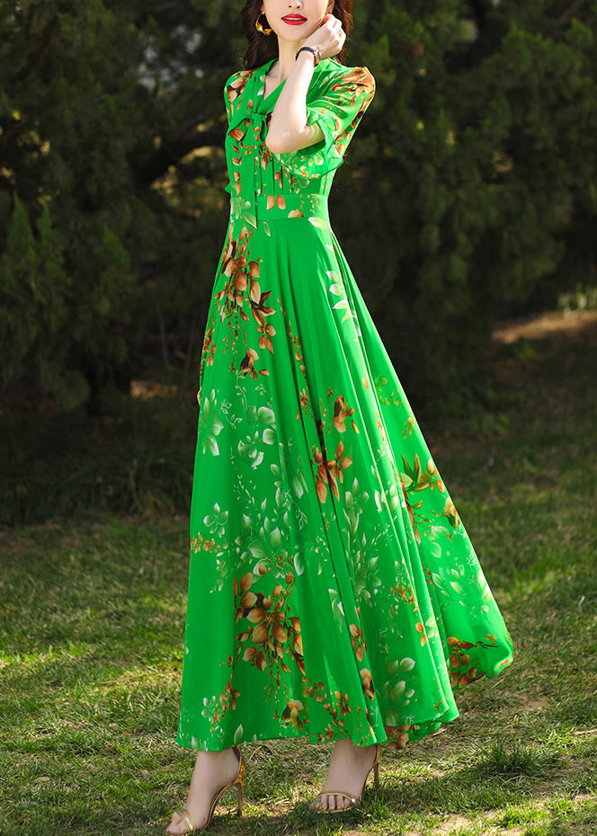Green Ruffled Print Chiffon Maxi Dresses Summer