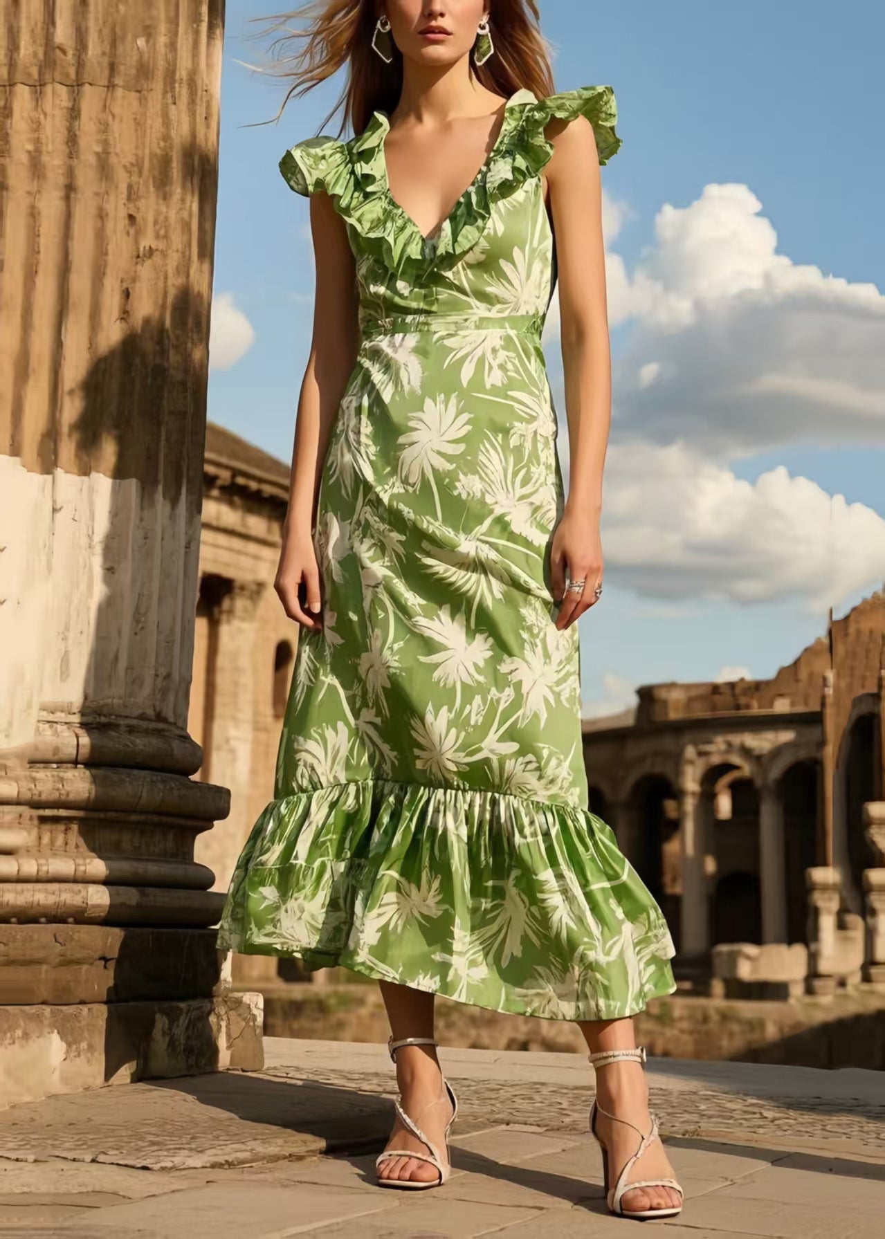 Green Ruffled Print Silk Long Dresses Summer