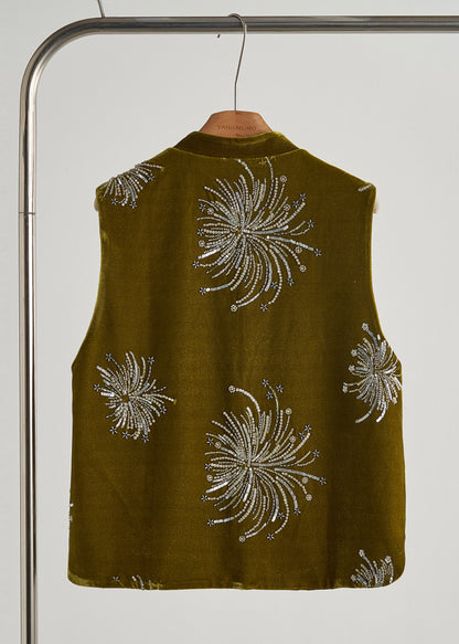 Green Sequins Embroidered Silk Velvet Vest Fall