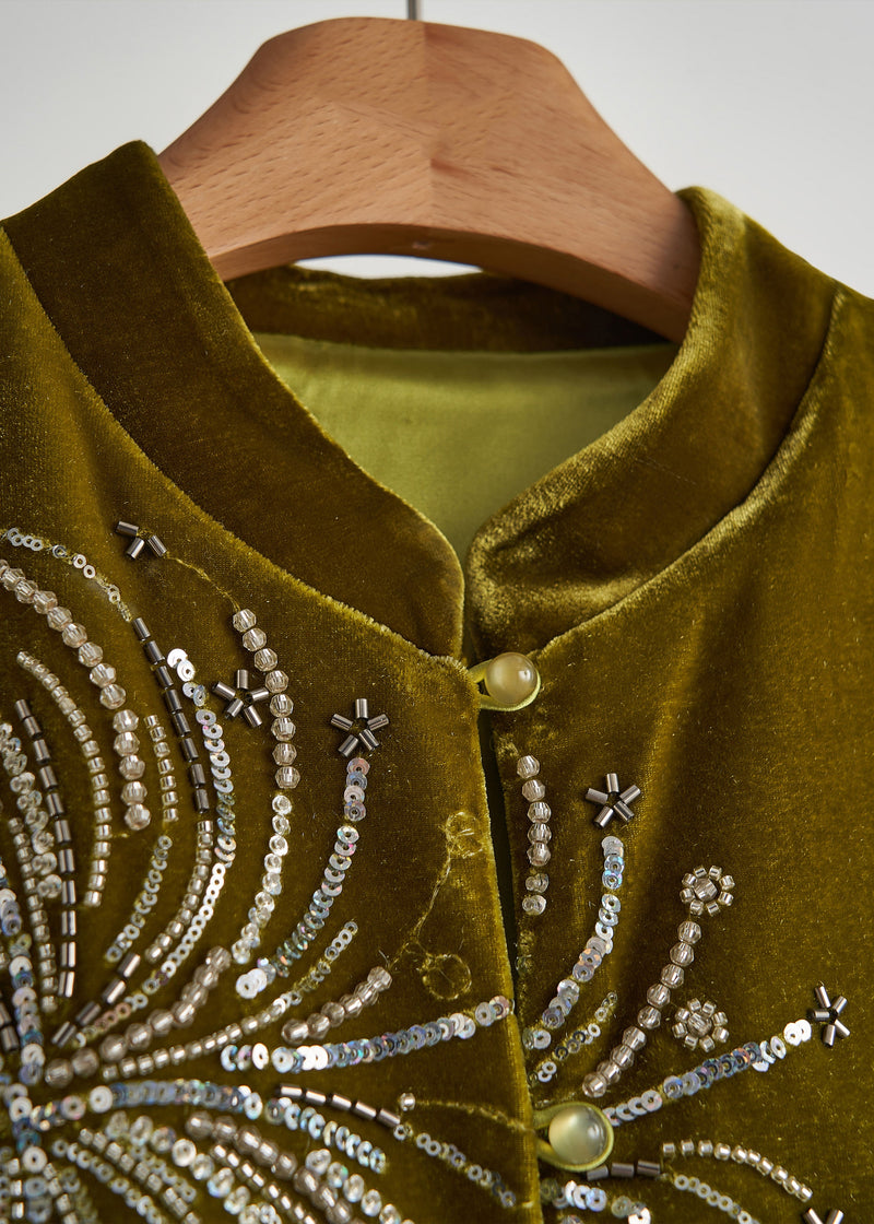 Green Sequins Embroidered Silk Velvet Vest Fall