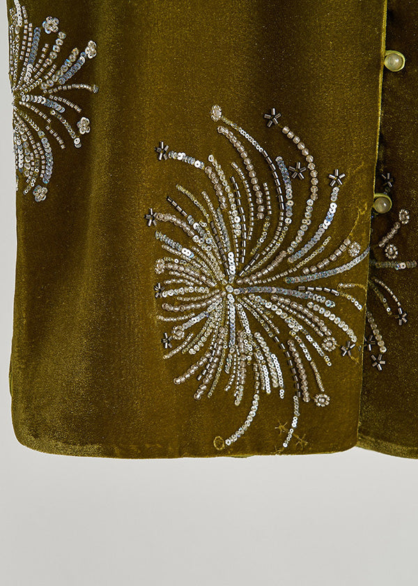 Green Sequins Embroidered Silk Velvet Vest Fall