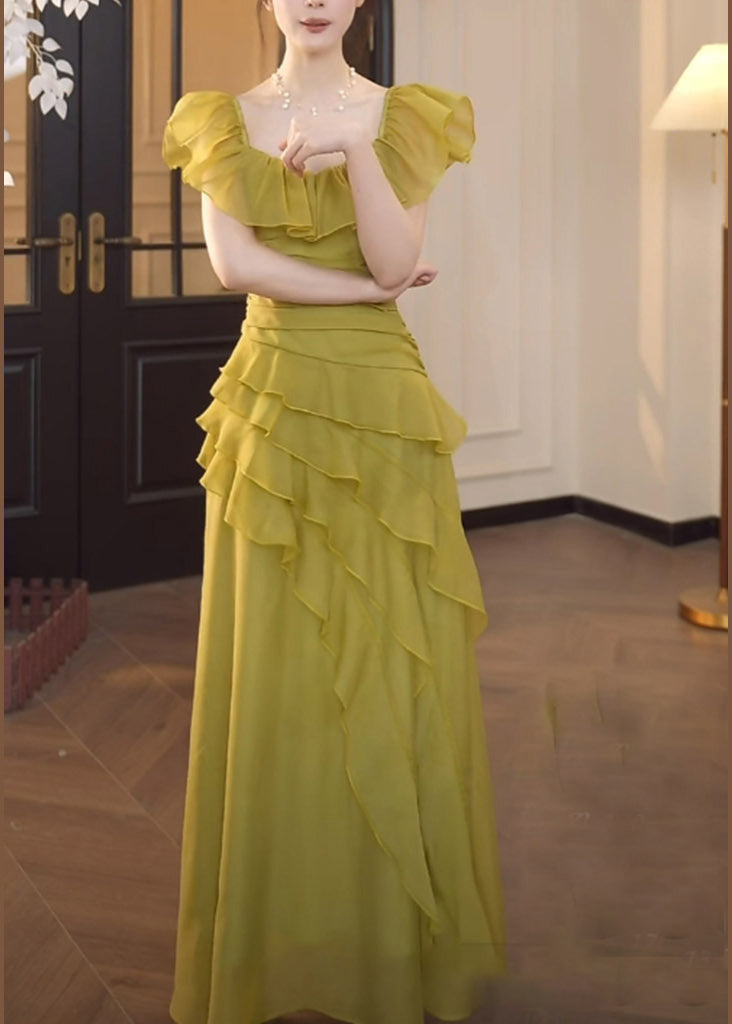 Green Square Collar Ruffled Patchwork Chiffon Dress Summer