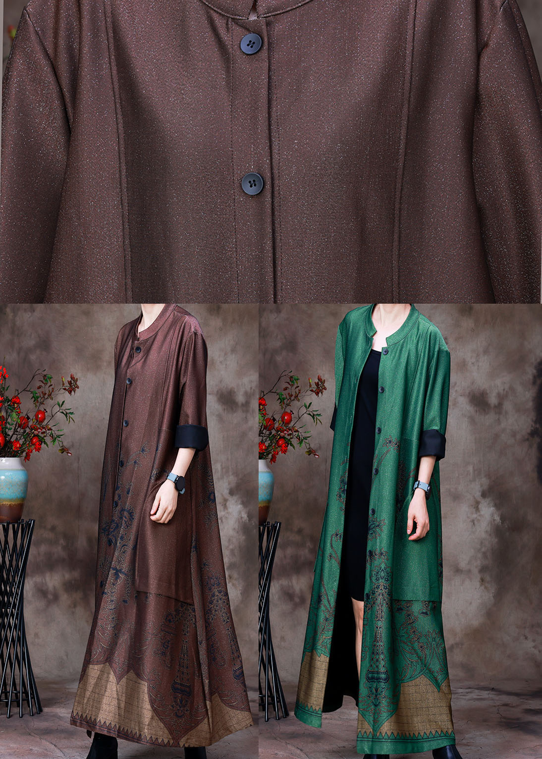 Green Stand Collar Pockets Print Silk Trench Coats Long Sleeve