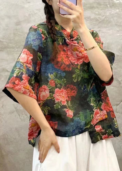 Green Stand Collar Print Linen Shirt Summer