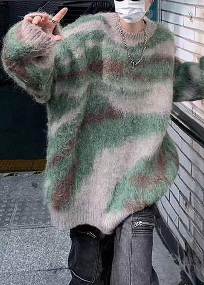 Green Striped Patchwork Knit Sweaters Winter