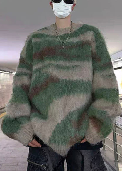 Green Striped Patchwork Knit Sweaters Winter