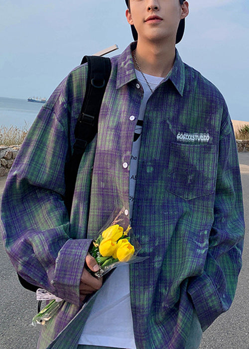 Green Tie Dye Plaid Oversized Cotton Shirts Spring